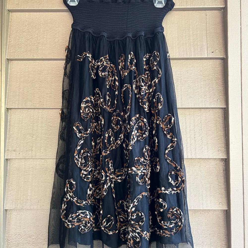 BetseyJohnson swim cover dress strapless smocked top Black animal print swirls.